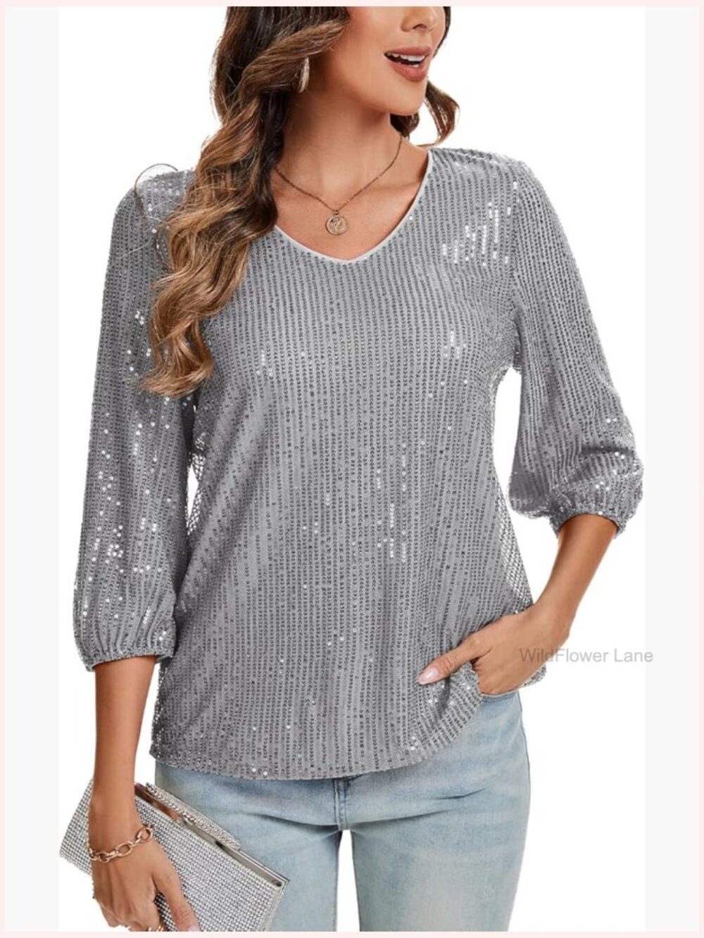 Sequined 3/4 Sleeve V-Neck Blouse For Party